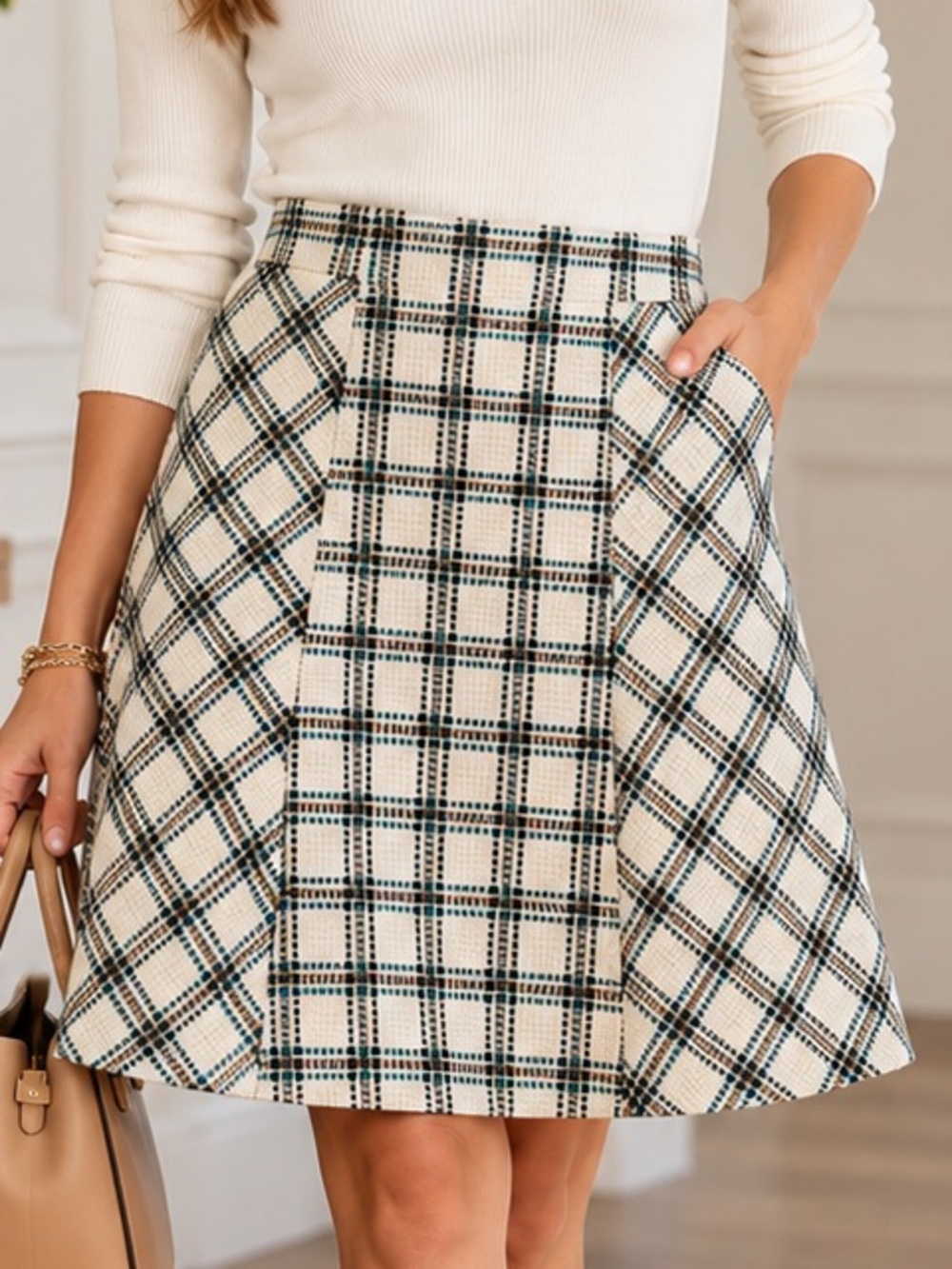 LOFT Cream Plaid A-Line Skirt with Black & Tan Accent